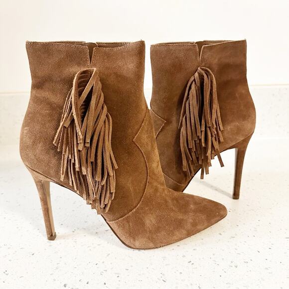 Jessica Simpson Shoes - Jessica Simpson Fringe Brown Suede Pointed Toe Heeled Ankle Booties Boots 9M/40